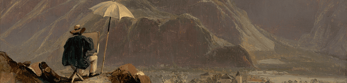 Peintre assis sur un rocher peignant un paysage de vallée avec des montagnes et un village